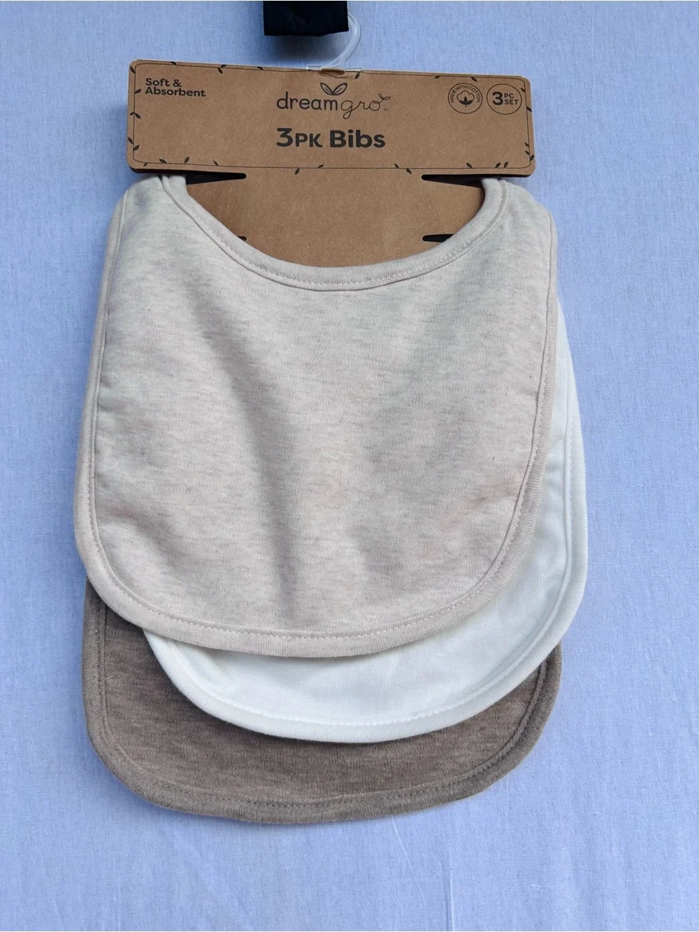 DreamGro 3 Pack Baby Bibs NWT Neutral Beige White Brown Soft Absorbent Unisex